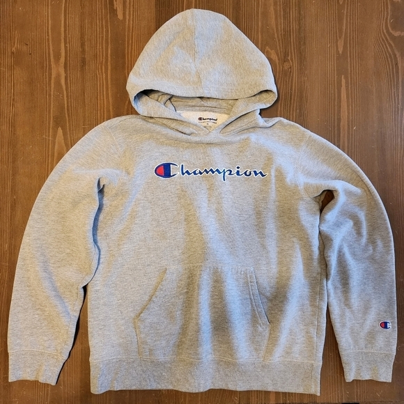 Youth Size XL Gray Champion Hoodie - Embroidered Front Logo & Kangaroo Pockets - Picture 1 of 12